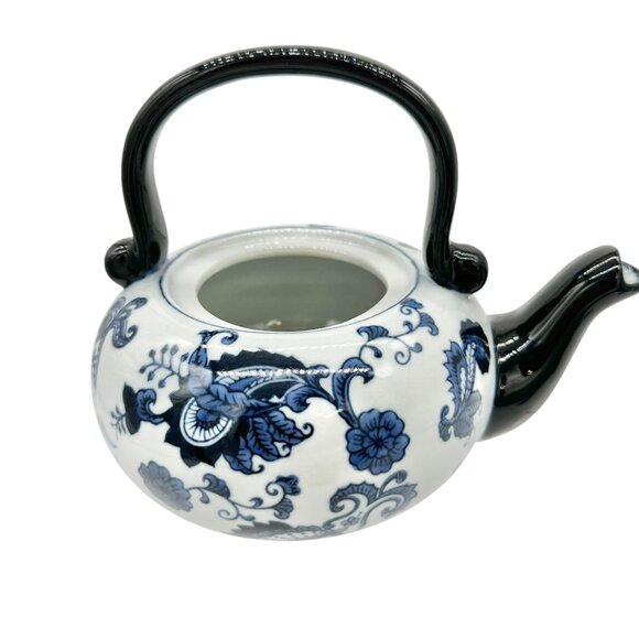 Pier 1 Vintage Handpainted Porcelain Tea Pot Black Blue White Floral Design - Picture 3 of 12
